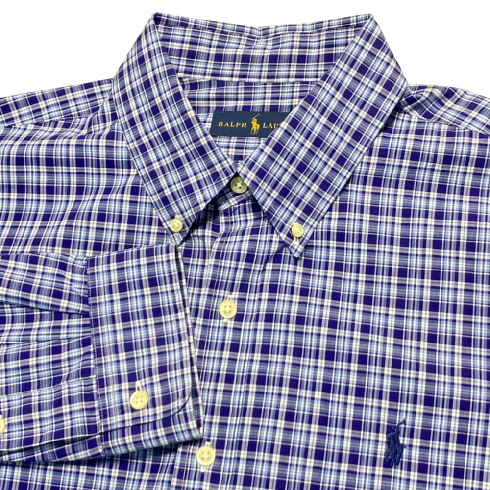 Ralph Lauren Mens‎ XL Blue White Plaid Button Down Shirt Long Sleeve Cotton Pony
